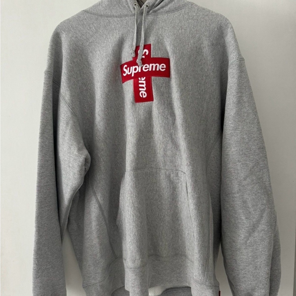 Supreme Gray Hoodie with Red Cross Logo